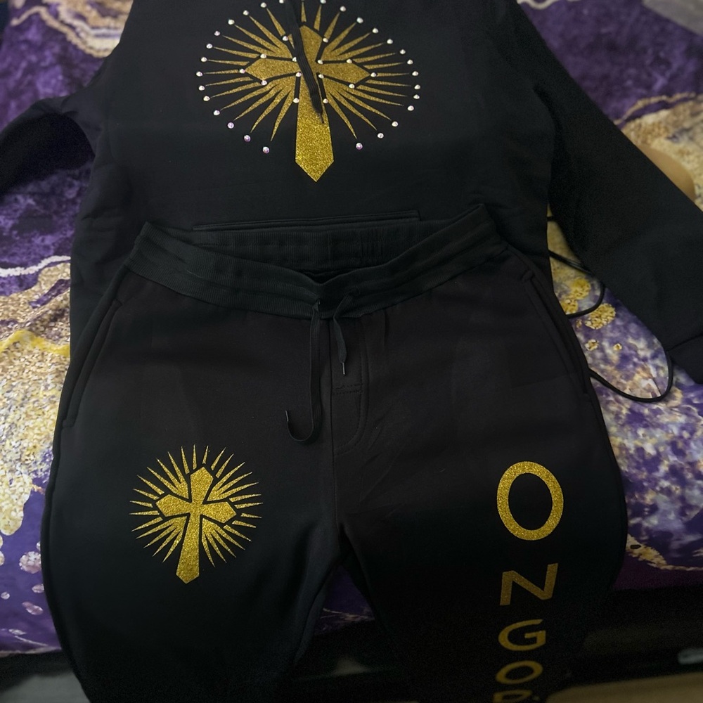 Sold SOLDON GOD PERIOD Black and Gold Tracksuit with Cross Design